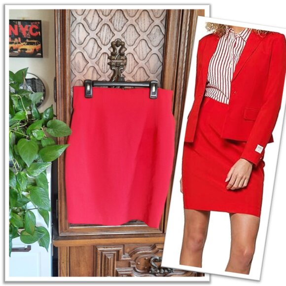 Vintage 100 % Wool Dresses & Skirts - Vintage 90s Structured Shift Pencil Wool Skirt - Red, Size S